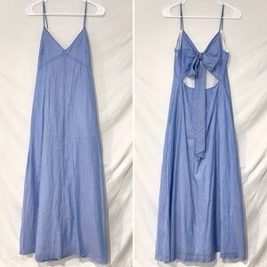 Club Monaco Odessya 100% Cotton Blue White Stripe Maxi Dress Tie Back Bow